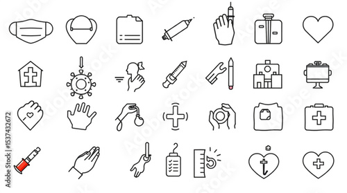 Collection of medical and healthcare related icons including masks syringes and first aid kits in line art created with generated ai