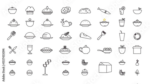 Outline drawing of various food and drink items including pastries dishes and beverages in a grid layout created with generated ai