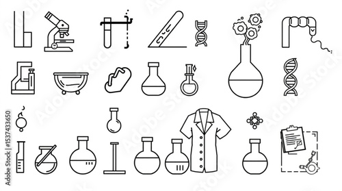 Illustration of various science and laboratory equipment in black outline on white background created with generated ai