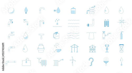 Illustration showcasing various water related icons including taps, drops, tanks and pipes created with generated ai