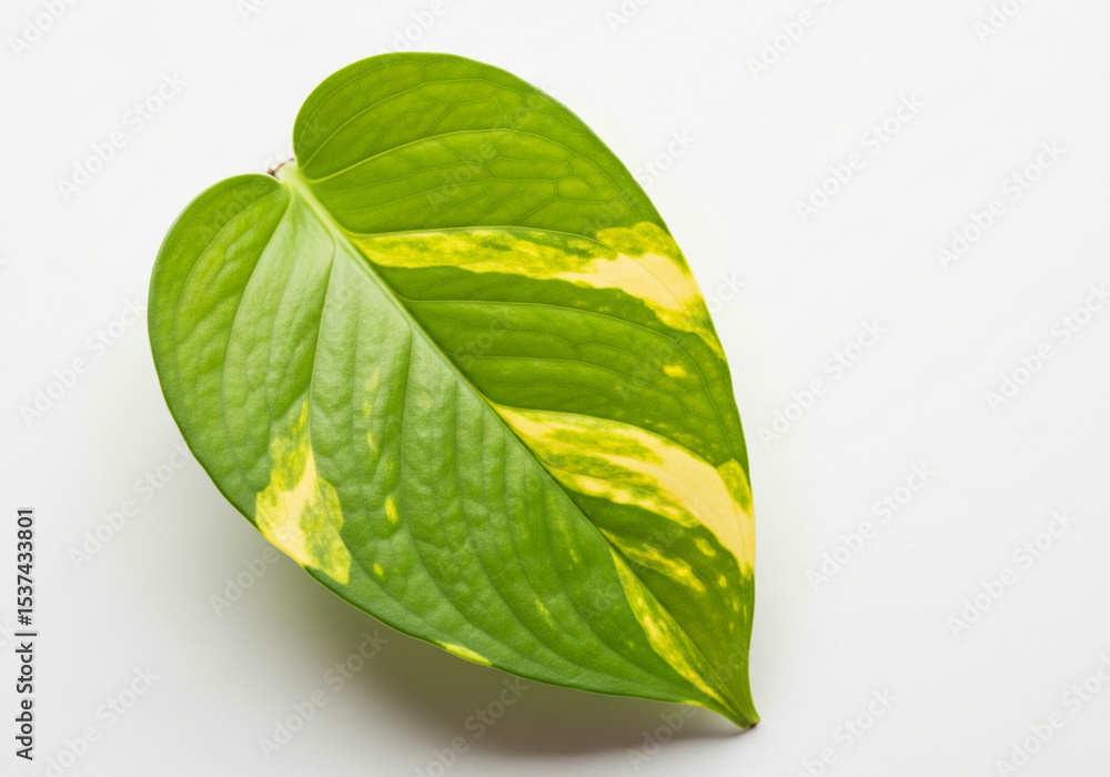 Fototapeta premium Aerial close-up of a single pothos leaf (Epipremnum aureum), bright white background, minimalistic composition, soft natural light from the left