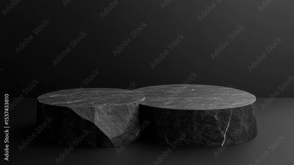 Fototapeta premium Stone and Rock shape 3d render illustration. Round podium, pedestal for brand product exhibition. Solid dark black color. Mockup template for ads design.