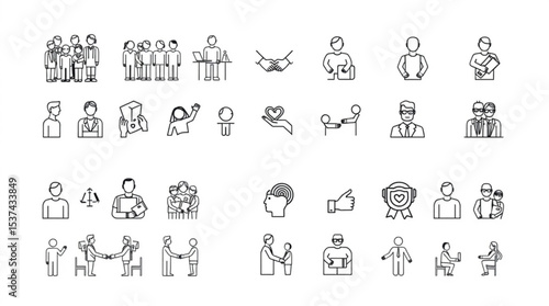 Collection of outline icons depicting people in various business and social interactions on a white background created with generated ai