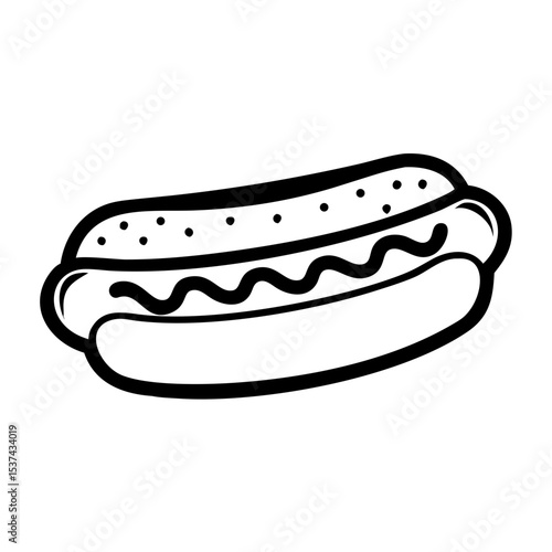 Hot dog illustration with ketchup and mustard in simple black outline design  