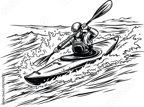 Black and White Kayak Illustration Whitewater Paddler Action