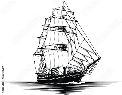 Black and White Sailing Ship Ocean Vessel Illustration