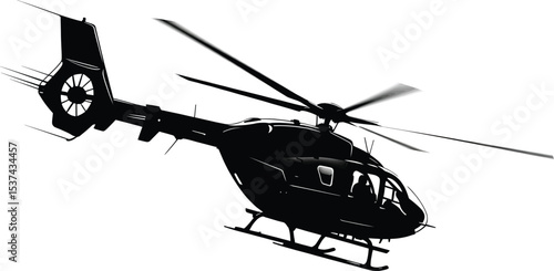 Black Helicopter Silhouette in Flight Rotor Blades Spinning
