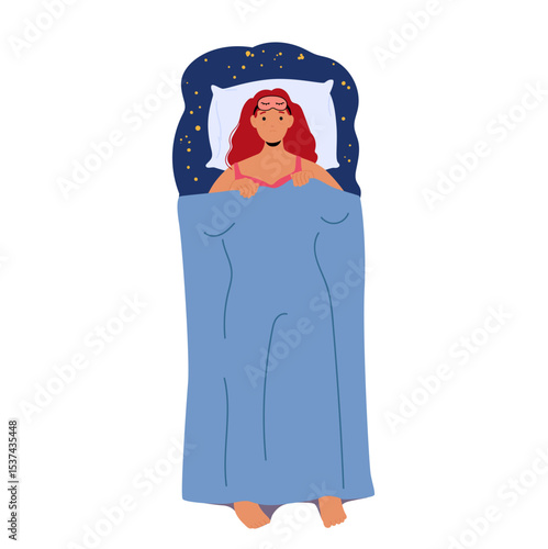 Sleepless tired woman cartoon character lying in bed under blanket suffering from insomnia