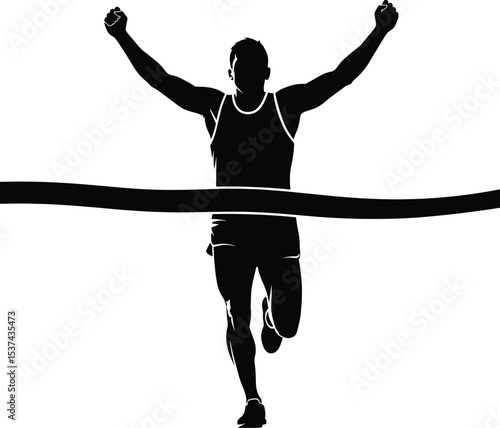 Black Silhouette Runner Crossing Finish Line Arms Raised Victory