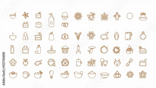 Collection of outline icons representing spa, beauty, and wellness elements on a white background created with generated ai