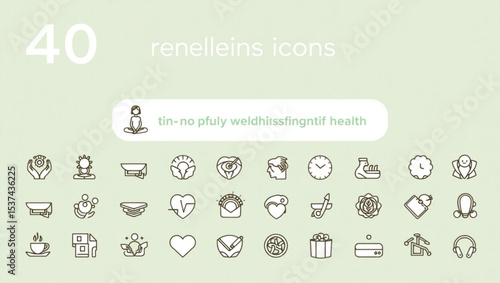 Collection of forty renelleins icons featuring various line art illustrations on a light green background created with generated ai