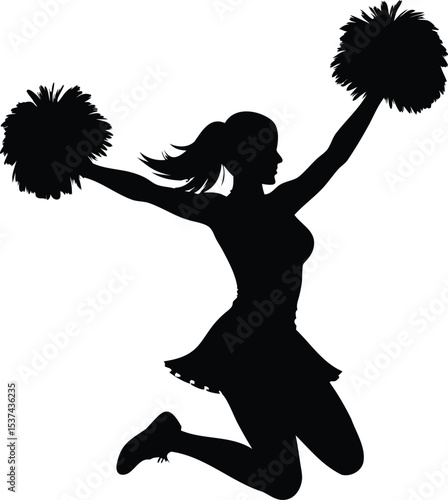 Silhouette of a cheerleader leaping in the air with pom poms