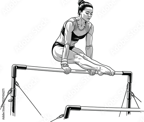 Gymnast Uneven Bars Routine Black White Illustration