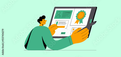 professional reviewing compliance certification and documents on tablet, vector illustration for compliance training, regulatory education and corporate governance standards