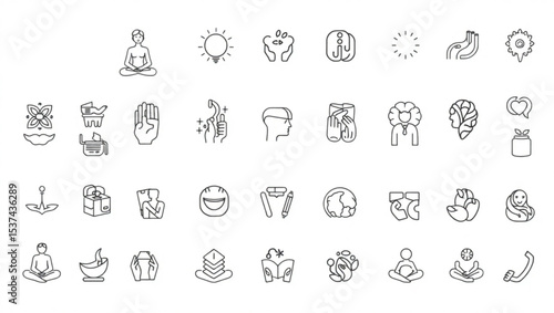 Line art icons depicting wellness meditation and various aspects of mental and physical health practices created with generated ai