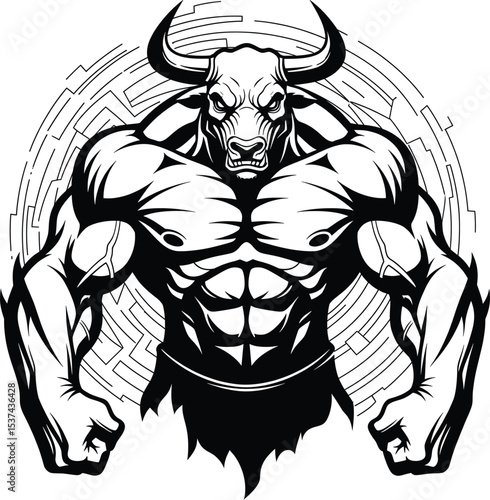 Wallpaper Mural Muscular Bull Minotaur Black White Graphic Design muscle Torontodigital.ca