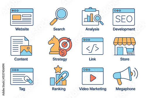 This  vector features an assortment of digital marketing and SEO line icons, covering topics like websites, search engines, email, analysis tools, content creation, strategic planning