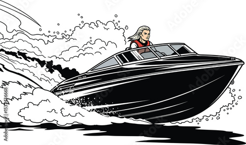 Woman Driving Black Speedboat White Water vector