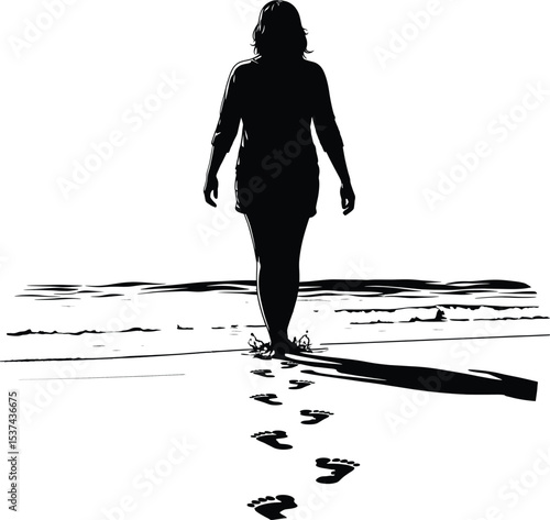 Woman Silhouette Walking Beach Footprints Sand Ocean