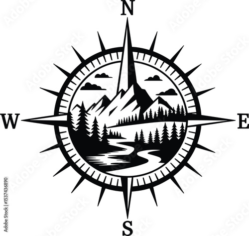 Compass with mountain scene SVG, Hiking
