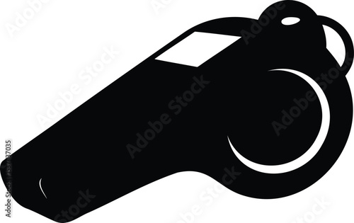 A black and white silhouette drawing of a standard referee whistle