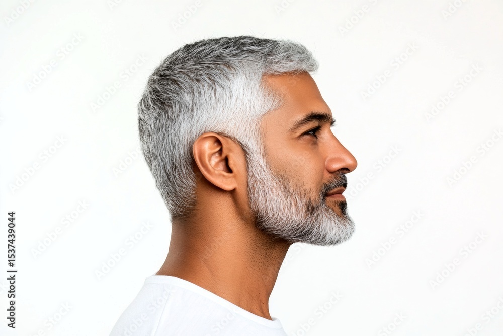 Fototapeta premium A graceful man with a warm and welcoming smile. Pure white solid background. Artwork of style for aging men. Trendy men's hard part haircut - midlife indian man with short hair.