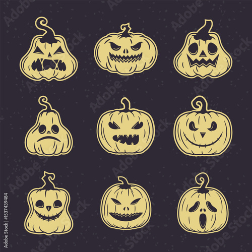 Vintage pumpkin icon pack with charming jack o lantern faces great for Halloween branding and design work