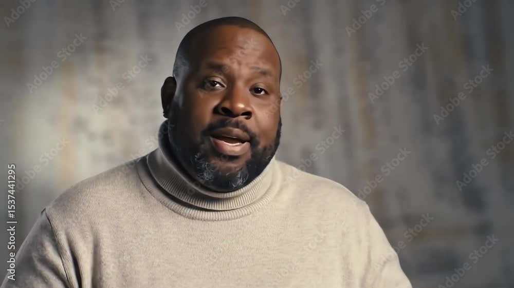 Confident Plus-Size Black Man in Beige Turtleneck, Warm Expression in Professional Studio Portrait Confident Plus-Size Black Man in Beige Turtleneck, Warm Expression in Professional Studio Portrait