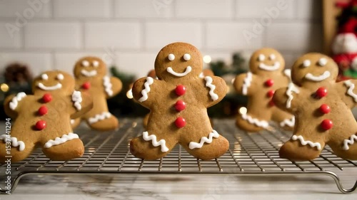 Christmas dancing gingerbread men cookies on cooling rack with icing  and holiday decorations. 