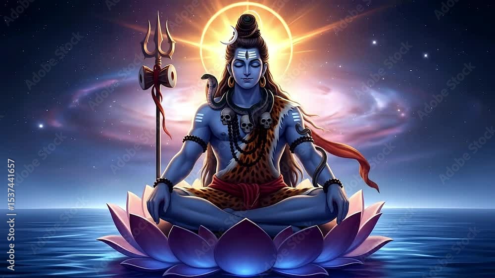 Lord Shiva Meditating on Lotus Flower in Cosmic Ocean with Trident and Damaru Lord Shiva Meditating on Lotus Flower in Cosmic Ocean with Trident and Damaru