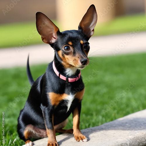 Cute Prague ratter playing outdoors at daytime