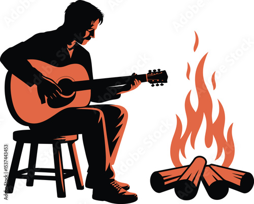 A musician playing an acoustic guitar next to a bonfire in a stylized illustration