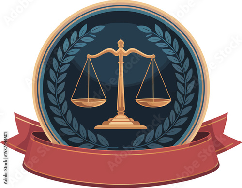 Elegant vector illustration of a golden balance scale law emblem with ribbon and laurel wreath