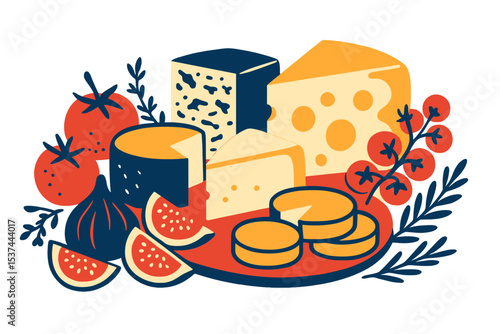 A platter featuring 627_CHEESE, an assortment of cheeses, tomatoes, thyme, figs, rosemary, and other red delicacies