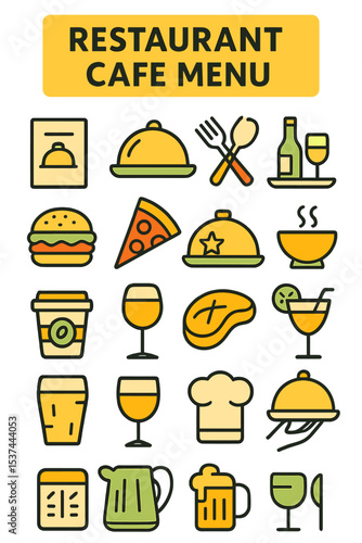 A set of thin line web icons for a restaurant cafe menu, including food and drink, is presented as an outline icons collection in a simple vector illustration