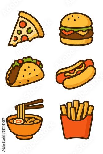A set of 3D realistic vector icons for fast food includes pizza, tacos, hamburgers, ramen noodle soup, hot dogs, and fries made from potatoes