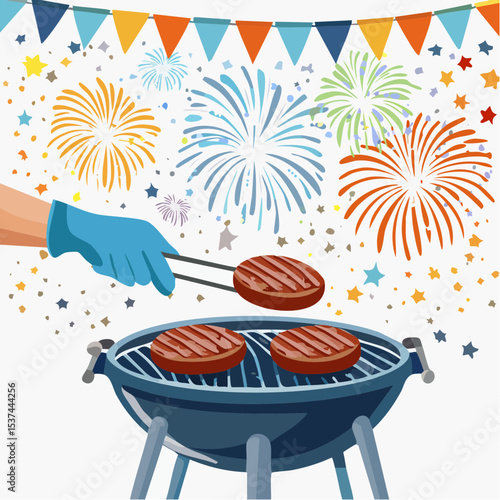 Hand holding tongs, grilling burgers on barbecue, with colorful festive bunting and fireworks in the background, celebrating summer holiday and celebrating July 4th Independence Day outdoor gatherings