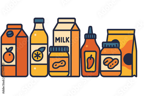 A collection of beverage and food items is presented, including packaged juice, bottled lemonade, milk, sauce, nut butter, peanut paste in a jar, ketchup, and an abstract pack, all depicted as flat