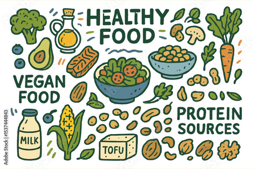 Vector illustrations of healthy food ingredients are presented in a hand-drawn sketch style, focusing on vegan diet and veggie protein sources