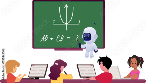 Vector illustration of classroom with chatbot robot teaching math to kids on computers.