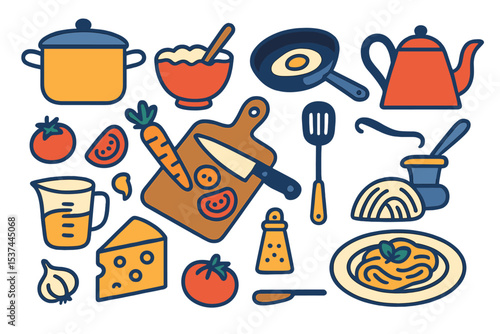 A collection of kitchen items for food preparation, including kitchenware and dishes, is depicted in a flat cartoon vector illustration as a domestic cooking concept