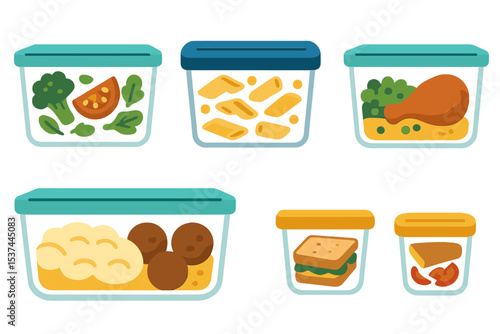 A collection of cartoon isolated glass and plastic containers holding healthy leftover meals from dinner or lunch, showcasing food organization and storage in a home fridge, presented as a set vector