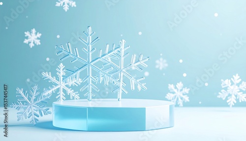 Crystalline Snowflakes on a Blue Hexagonal Platform