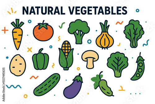 A set of black line icons featuring natural vegetables is available, representing a healthy and organic food concept through a collection of cooking ingredients, suitable for use as pictograms in web