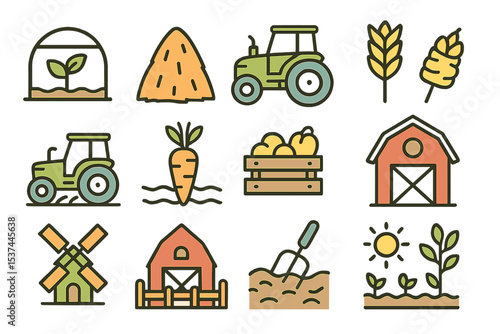 This icon set, titled Farm, Farming, Agriculture, features a range of thin line web icons including Greenhouse, Haystack, and Harvest, among others, in a simple vector illustration style