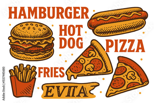 The poster features illustrations of a hamburger, hotdog, fries, and pizza in a vintage typography style