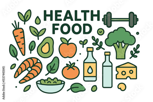 Colourful health food vector illustration featuring icons of healthy eating and cooking ingredients for a balanced diet rich in nutrients and vegetables with low carb options
