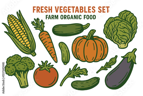 A hand-drawn vintage vector illustration features fresh vegetables in a sketch setting, highlighting farm organic food