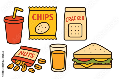 A collection of snack items including fast food, beverages, nuts, chips, crackers, juice, and sandwiches are depicted on a white background in a flat vector illustration