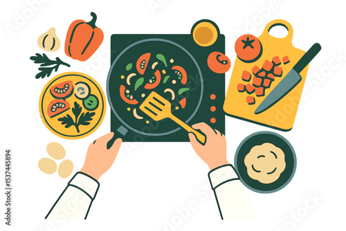 From above, a culinary training course banner is displayed on an ad background, showing chefs' hands preparing a meal during a cooking process in a top view, utilizing food ingredients for dish